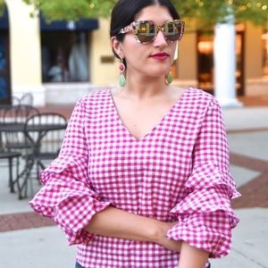 Gingham print ruffle sleeve top